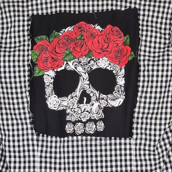 Boneyard Threadz B&W Checkered Button Up Shirt With Floral Skull Medium - Picture 6 of 8